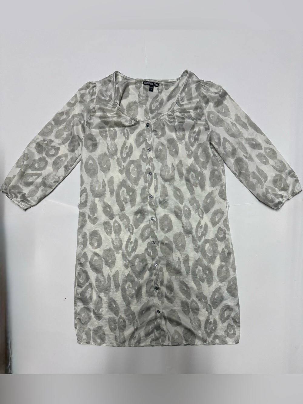 Express Gray & White Leopard Print Button-Front Blouse
